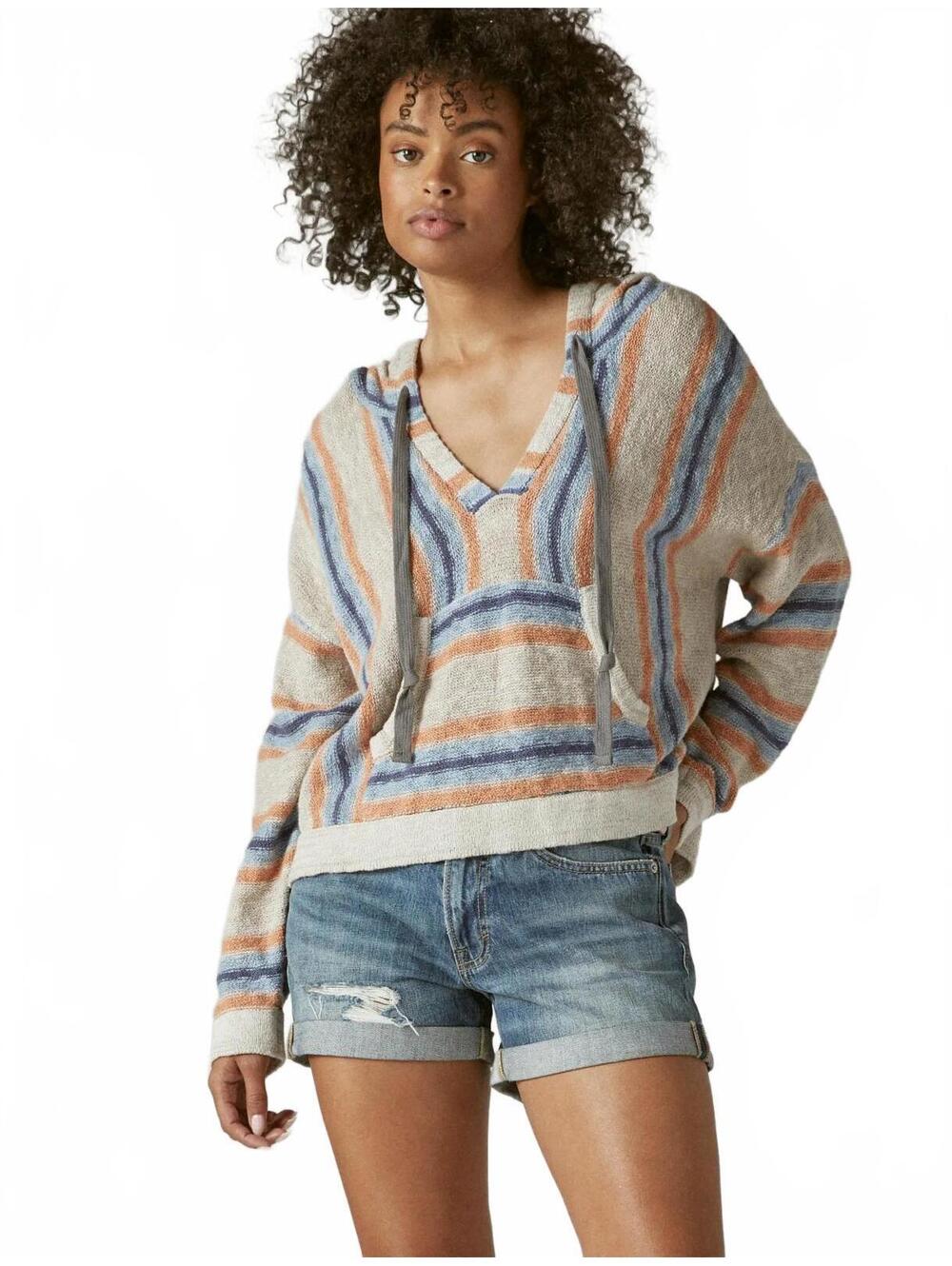 Lucky Brand Baja Beach Hoodie Striped Cotton Knit Pullover Small